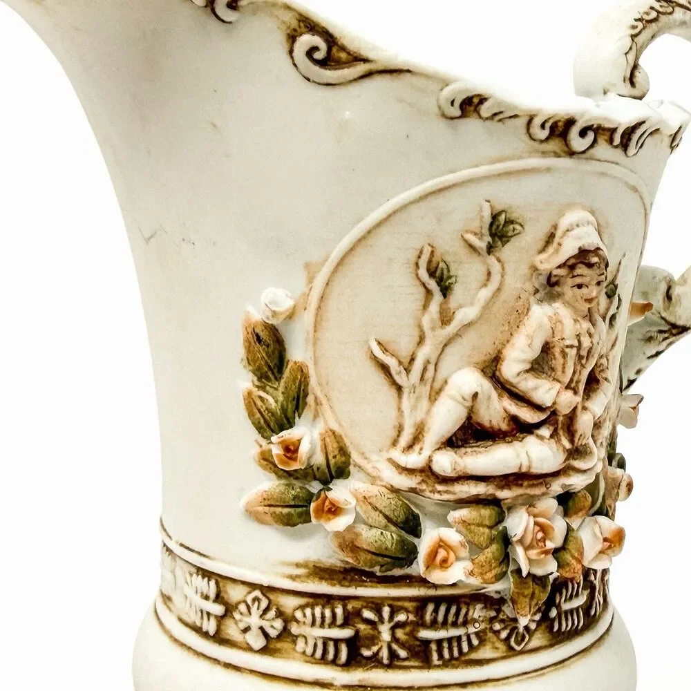 Vintage Lefton Porcelain Ewer Pitcher Applied Roses Figural Victorian Decor